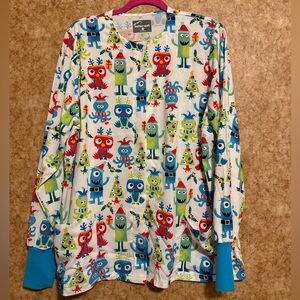 Butter-Soft White Christmas Scrub jacket with Blue, Green, Red Accents